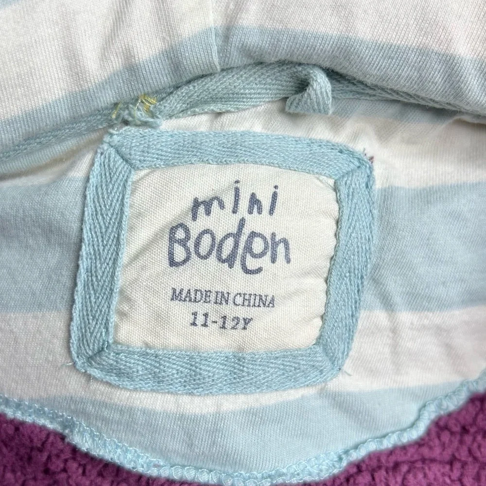 Mini Boden Sherpa full zip jacket, mulberry color, jersey lined hood